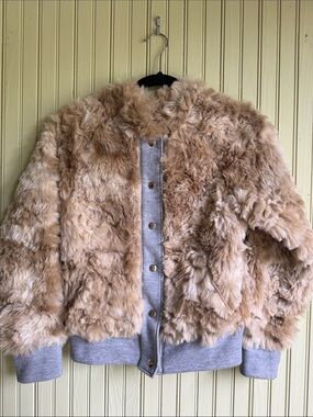 NSF Tan Faux Fur Bomber Jacket with Gray Trim